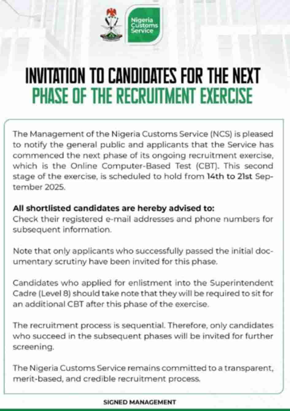 Customs service (ncs) exam date