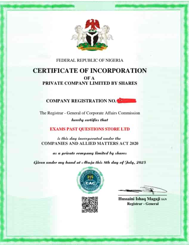 Exams Past Questions Store LTD CAC certificate